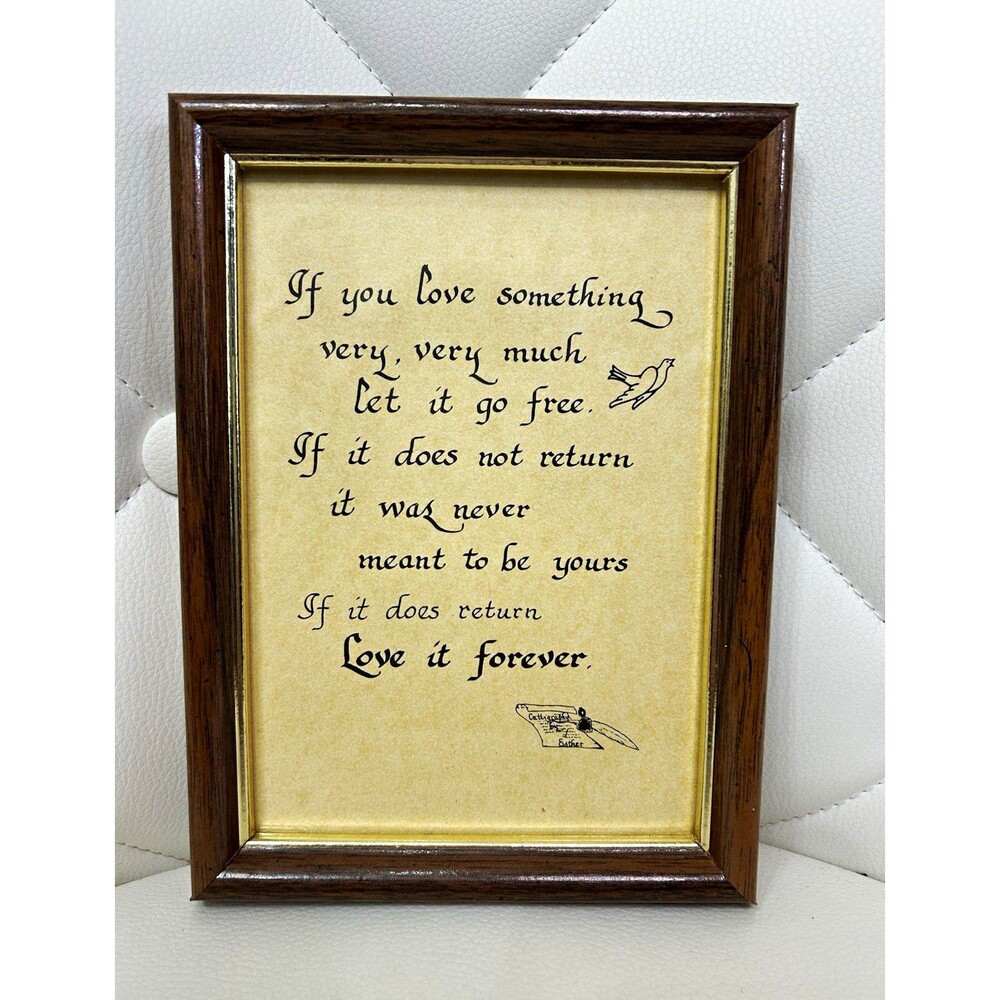 Framed Vintage Inspirational Quote Calligraphy Bird Print Brown Wood Frame 8x6